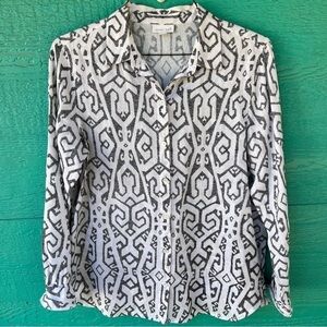 J.JILL LOVE LINEN TRIBAL PRINT BLACK WHITE TUNIC TOP SIZE SMALL EUC